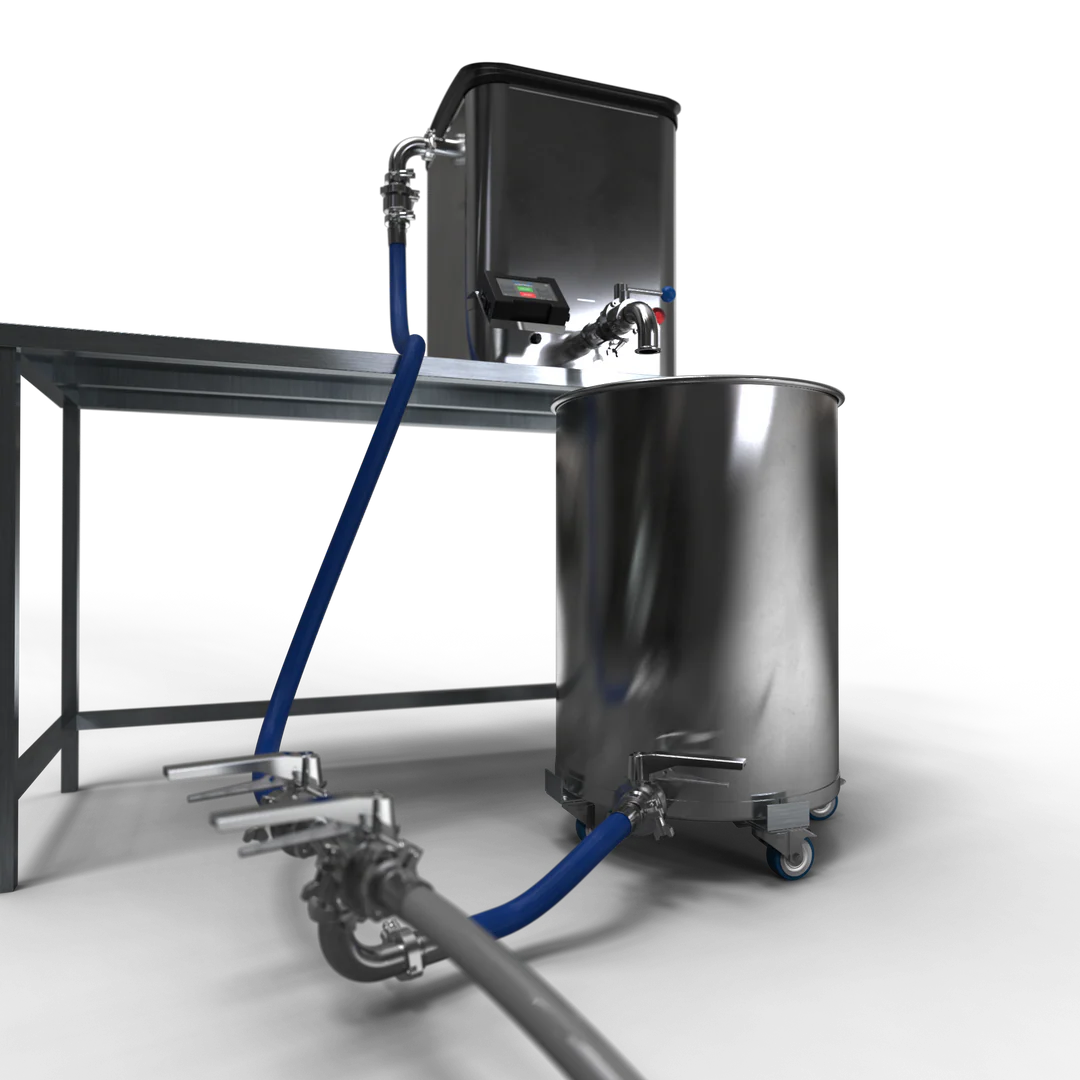 3D render of a stainless steel liquid processing system with a reservoir on a table and a drum on wheels.