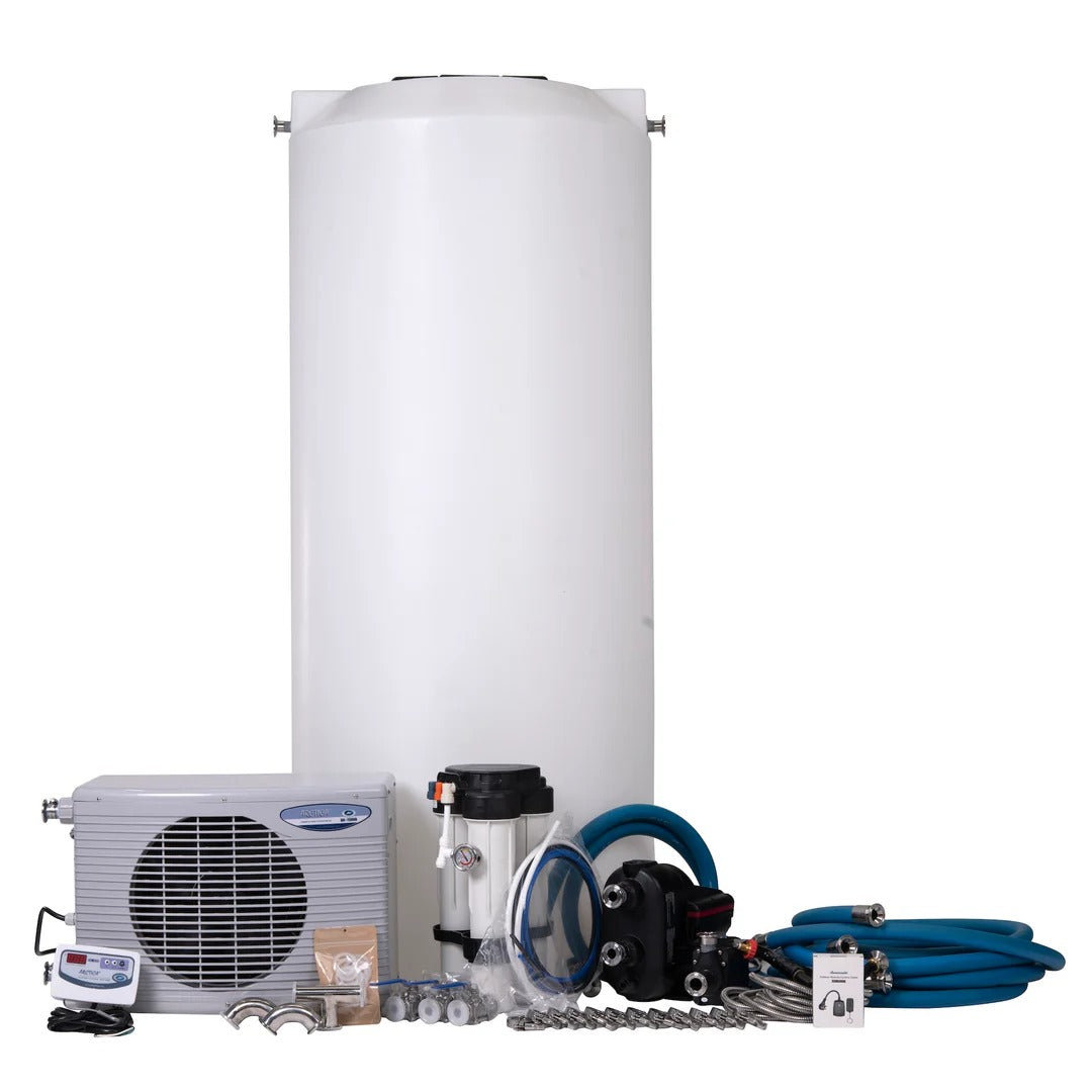 White 300-gallon chiller kit with RO system, condenser unit, pump, and blue hoses.