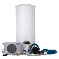White 300-gallon chiller kit with RO system, condenser unit, pump, and blue hoses.