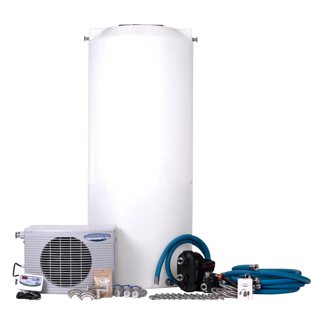 Lowtemp 300-gallon chiller kit: white tank, grey chiller unit, black pump, blue hoses, and accessories.