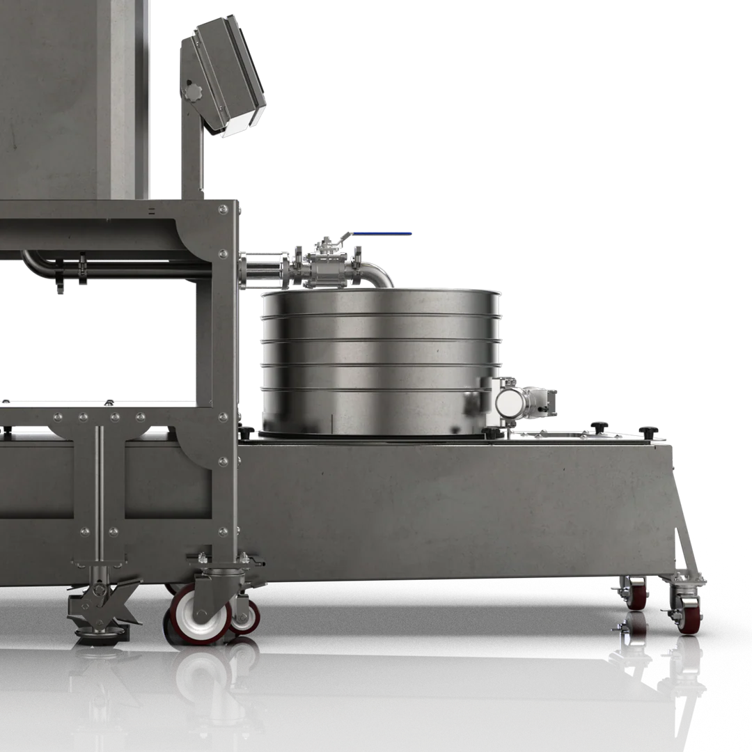 Low Temp Autosieve Collection System with silver stainless steel drum, valve, and wheels.
