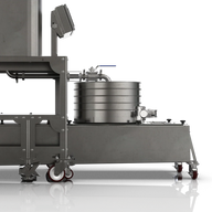 Low Temp Autosieve Collection System with silver stainless steel drum, valve, and wheels.