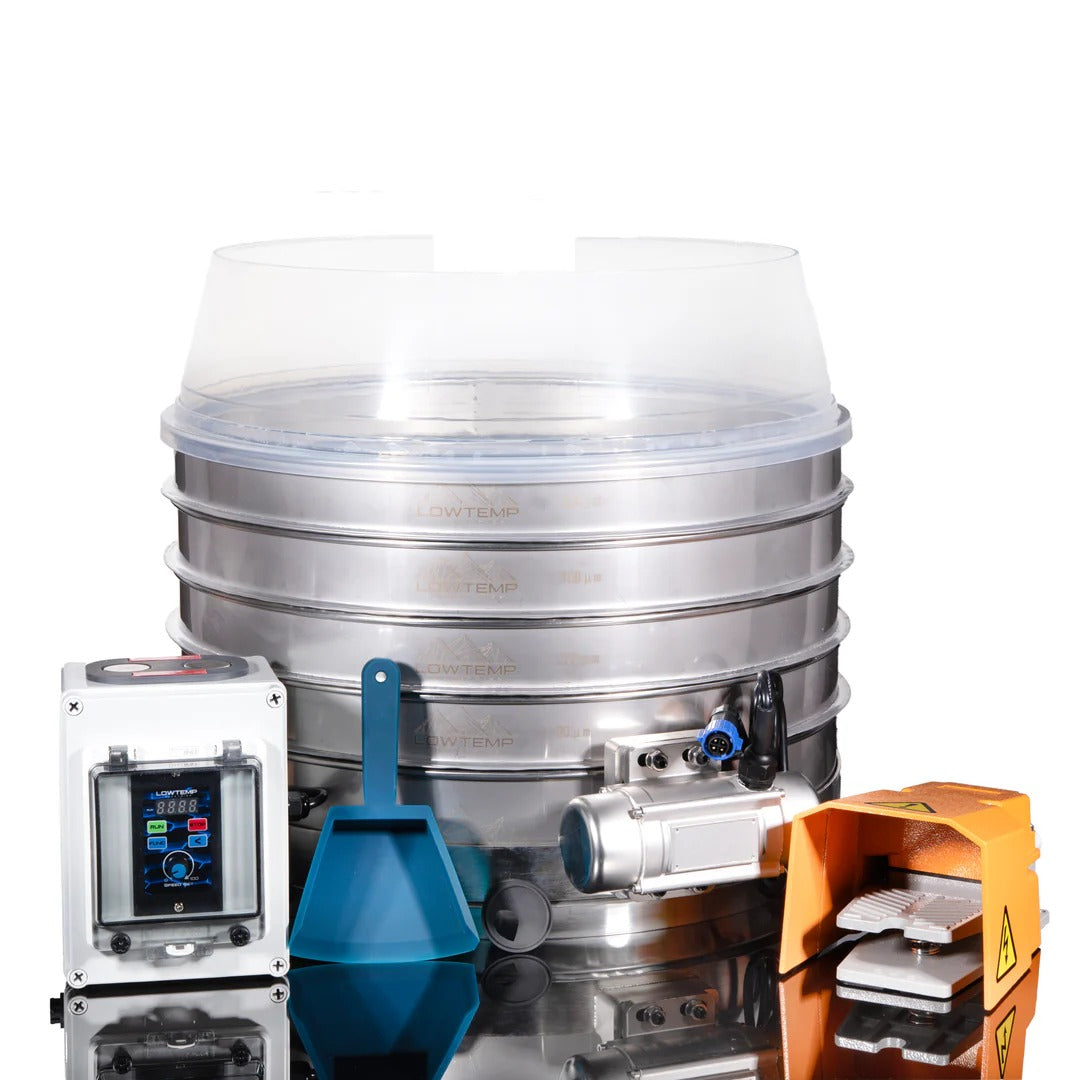 Lowtemp Autosieve Collection System: stacked sieves, digital controller, scoop, motor, and foot pedal.
