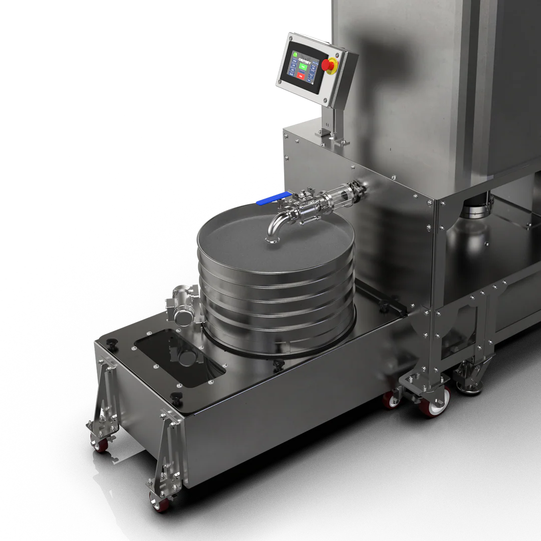 Lowtemp Autosieve Collection System: stainless steel with control panel, sieve, and collection drum on wheels.