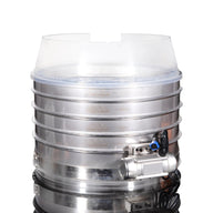 Stacked stainless steel sieves with transparent lid, for low-temp collection system, detailed view.
