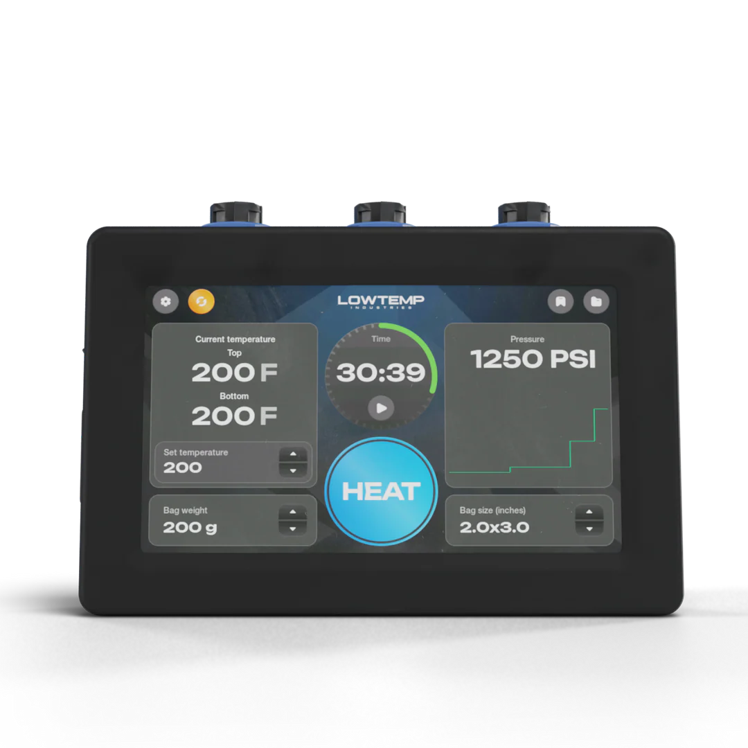 Lowtemp Industries rosin press controller with temperature, time, pressure, and bag size settings.