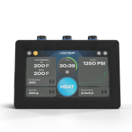 Lowtemp Industries rosin press controller with temperature, time, pressure, and bag size settings.