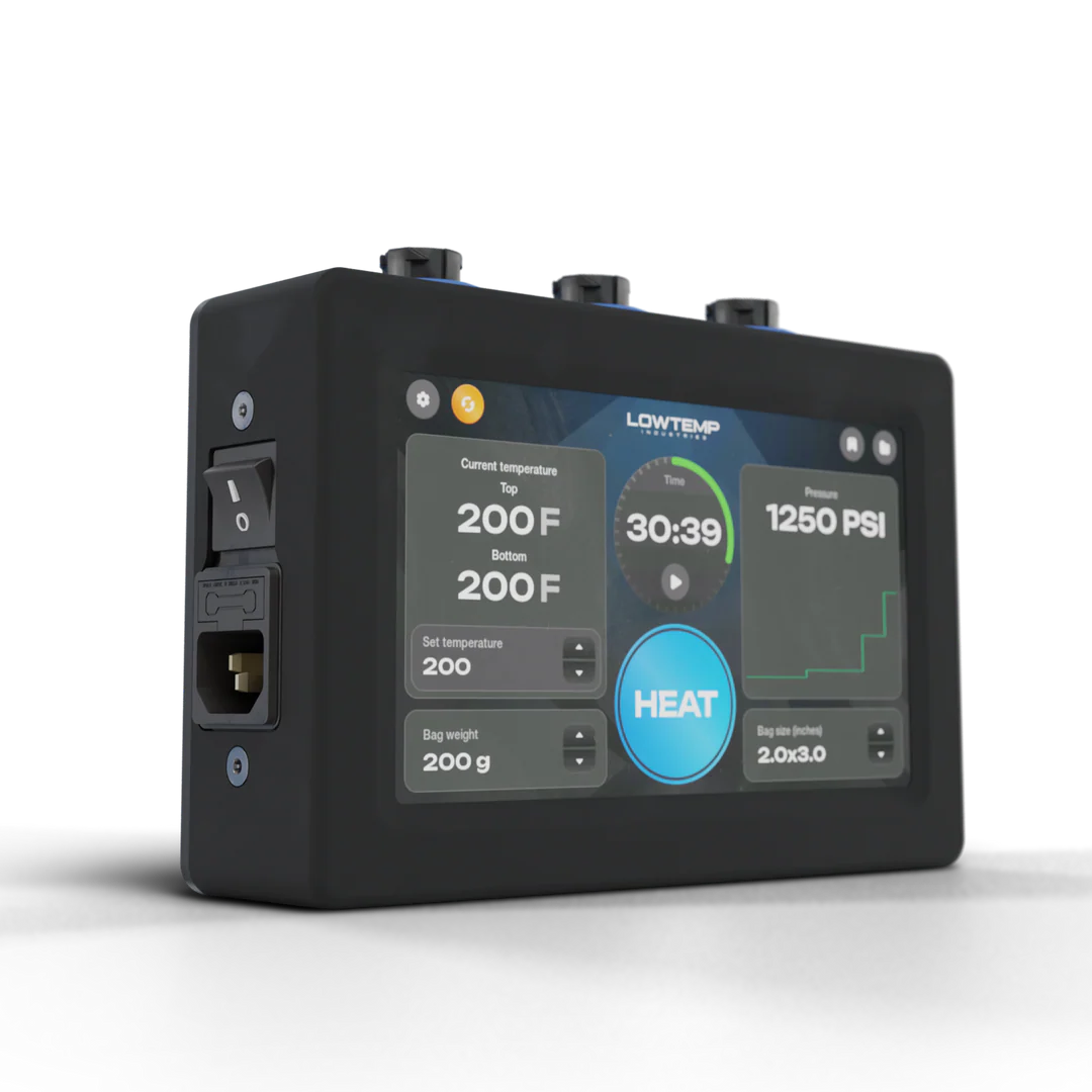 Black rosin press controller with digital display showing temperature, time, and pressure settings.