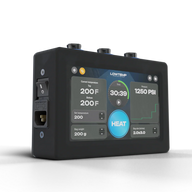 Black rosin press controller with digital display showing temperature, time, and pressure settings.
