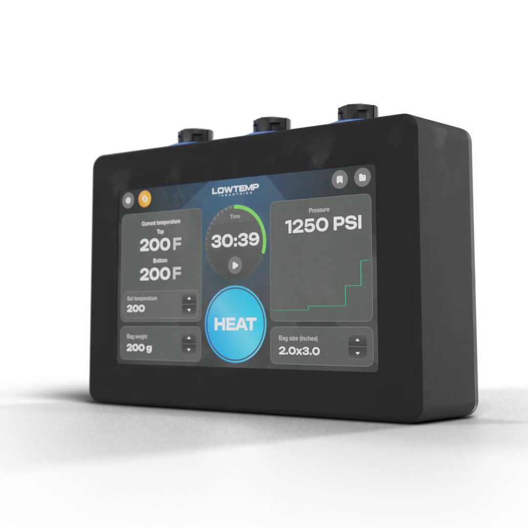 Lowtemp Industries LT4 Rosin Press Controller with digital display showing temperature, time, and pressure.
