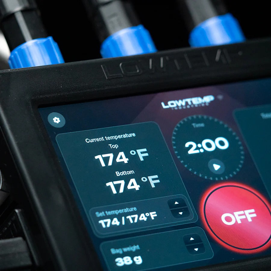Lowtemp Industries LT4 rosin press controller screen displaying 174°F temperature, 2:00 timer, and OFF button.