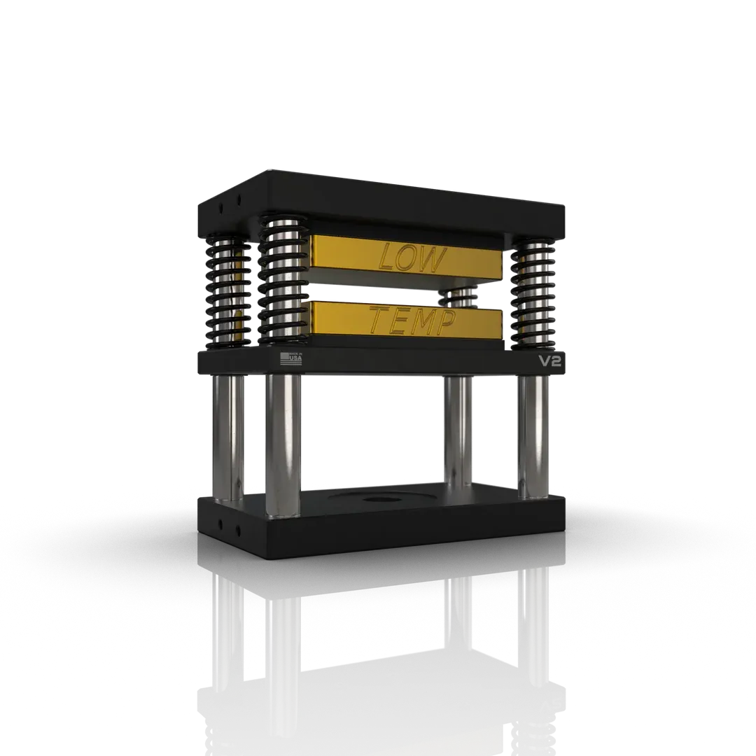3D render of black and gold low-temperature rosin press with "LOW TEMP V2" text.