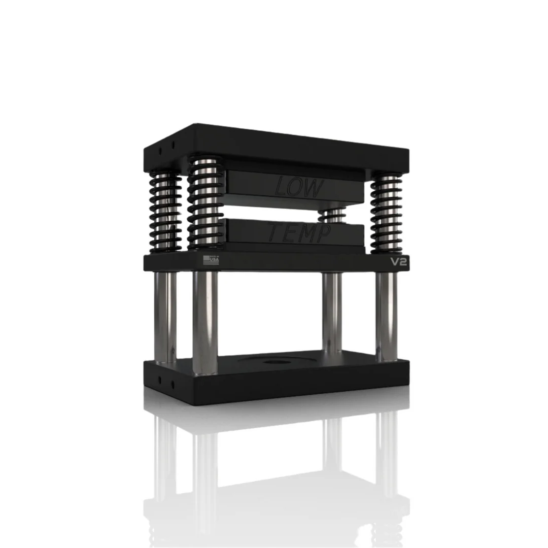 Black "LOW TEMP" rosin press with chrome cylinders and springs, V2 model.
