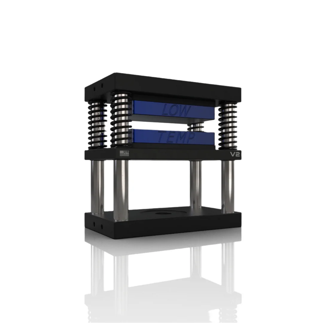 Low Temp V2 press with blue "LOW" and "TEMP" plates, on a white background.