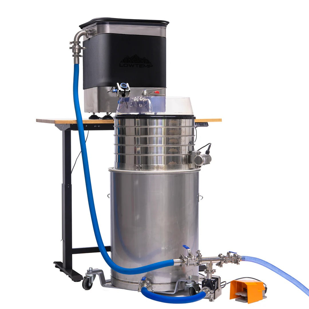 LowTemp Mini Autosieve Collection System: stainless steel, blue hose, sit on rolling cart.