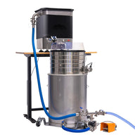 LowTemp Mini Autosieve Collection System: stainless steel, blue hose, sit on rolling cart.