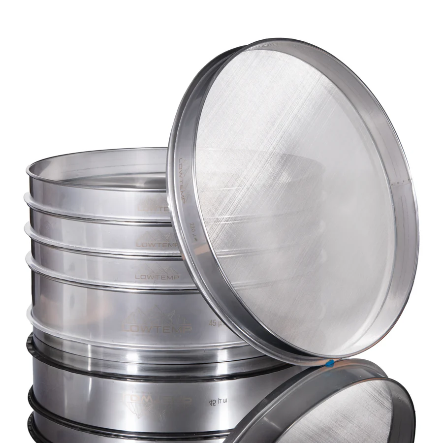 Stack of silver sieves, one open showing mesh, with "LOWTEMP" branding.