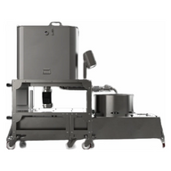 A grey industrial machine with a tall tank, screen, and circular collection tank, mounted on wheels.