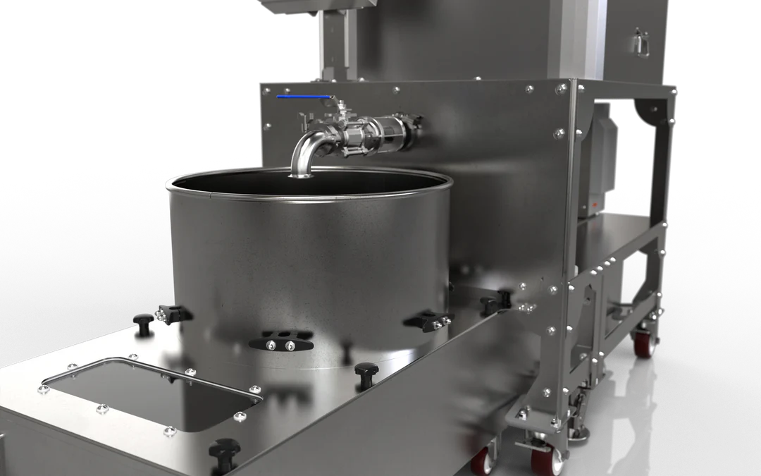 Low-temperature nesting recirculation collection tank with stainless steel body and faucet.