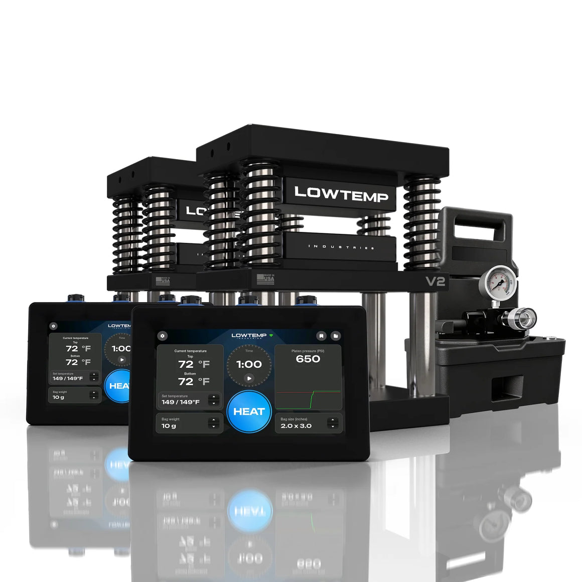Lowtemp V2 rosin press with two digital screens, electric pump, and pressure gauge.