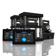 Lowtemp V2 rosin press with two digital screens, electric pump, and pressure gauge.
