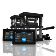 Lowtemp V2 rosin press with dual screens, hand pump, and V2 branding, reflecting on a shiny surface.