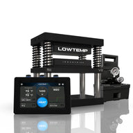 Lowtemp V2 4x7 electric rosin press with touchscreen display, showing temperature, time, and pressure settings.