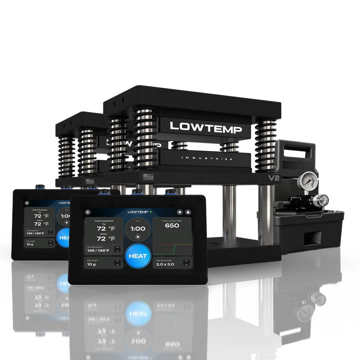 Lowtemp V2 4x7 dual press with electric pump and touchscreens.