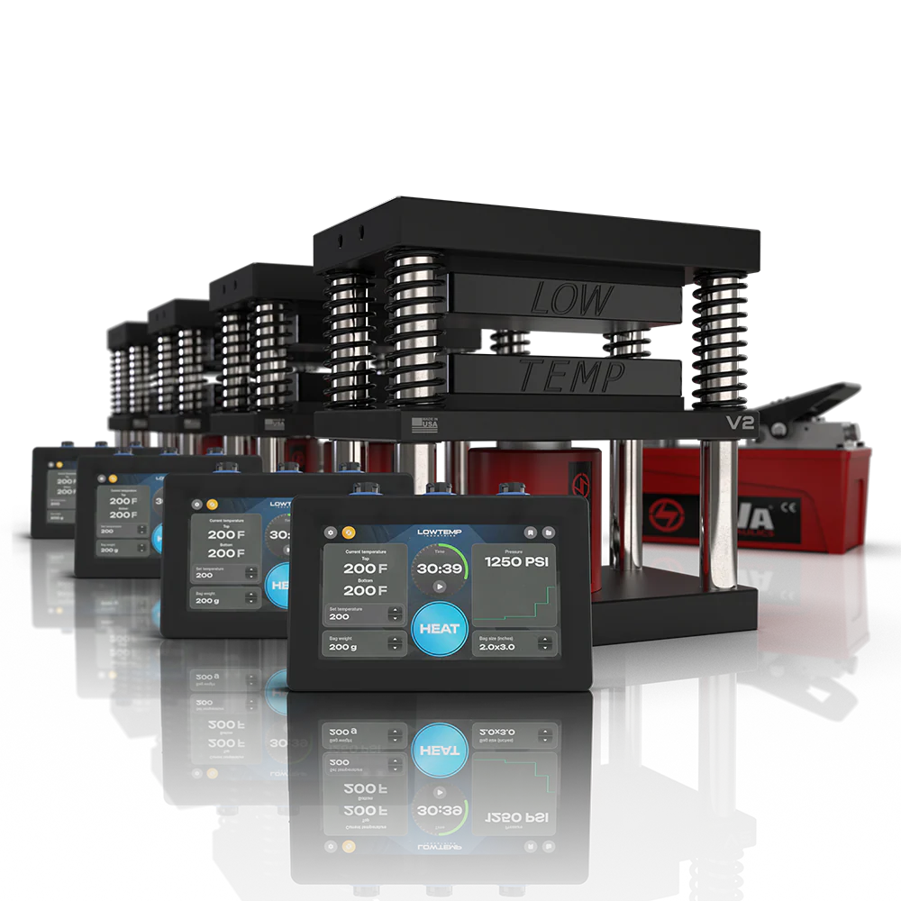 Lowtemp V2 Medusa Rosin Press system with 4 units, silver springs, black plates, red hydraulic cylinders, and digital displays.