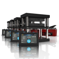 Lowtemp V2 Medusa Rosin Press system with 4 units, silver springs, black plates, red hydraulic cylinders, and digital displays.