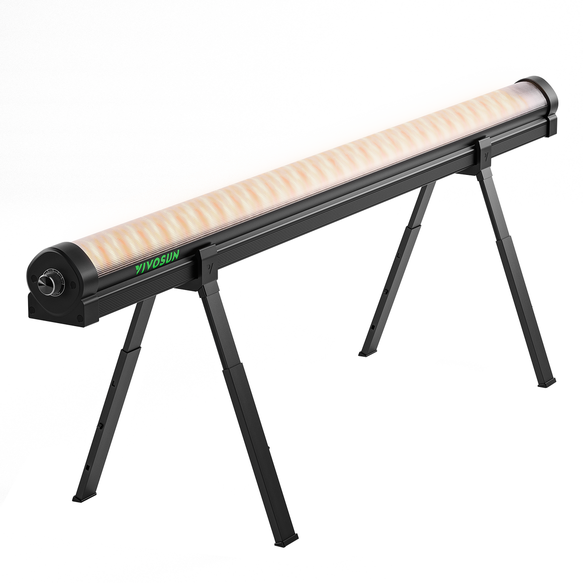 VIVOSUN LumaRay under canopy light, glowing orange, on adjustable black tripod stand.