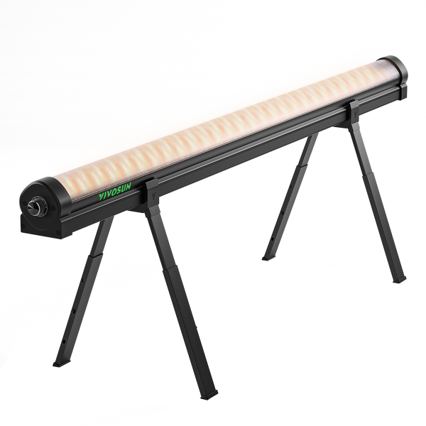 VIVOSUN LumaRay under canopy light, glowing orange, on adjustable black tripod stand.