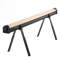 VIVOSUN LumaRay under canopy light, glowing orange, on adjustable black tripod stand.