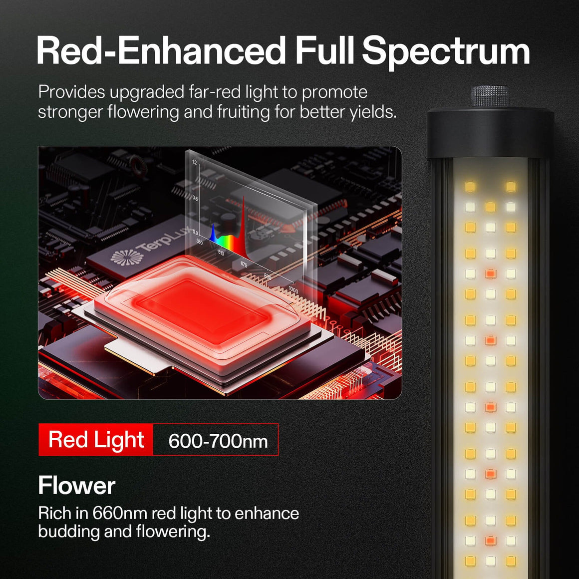 Red-enhanced full spectrum LED grow light. Fixture with white, warm white, and red LEDs. Spectral graph for flowering.