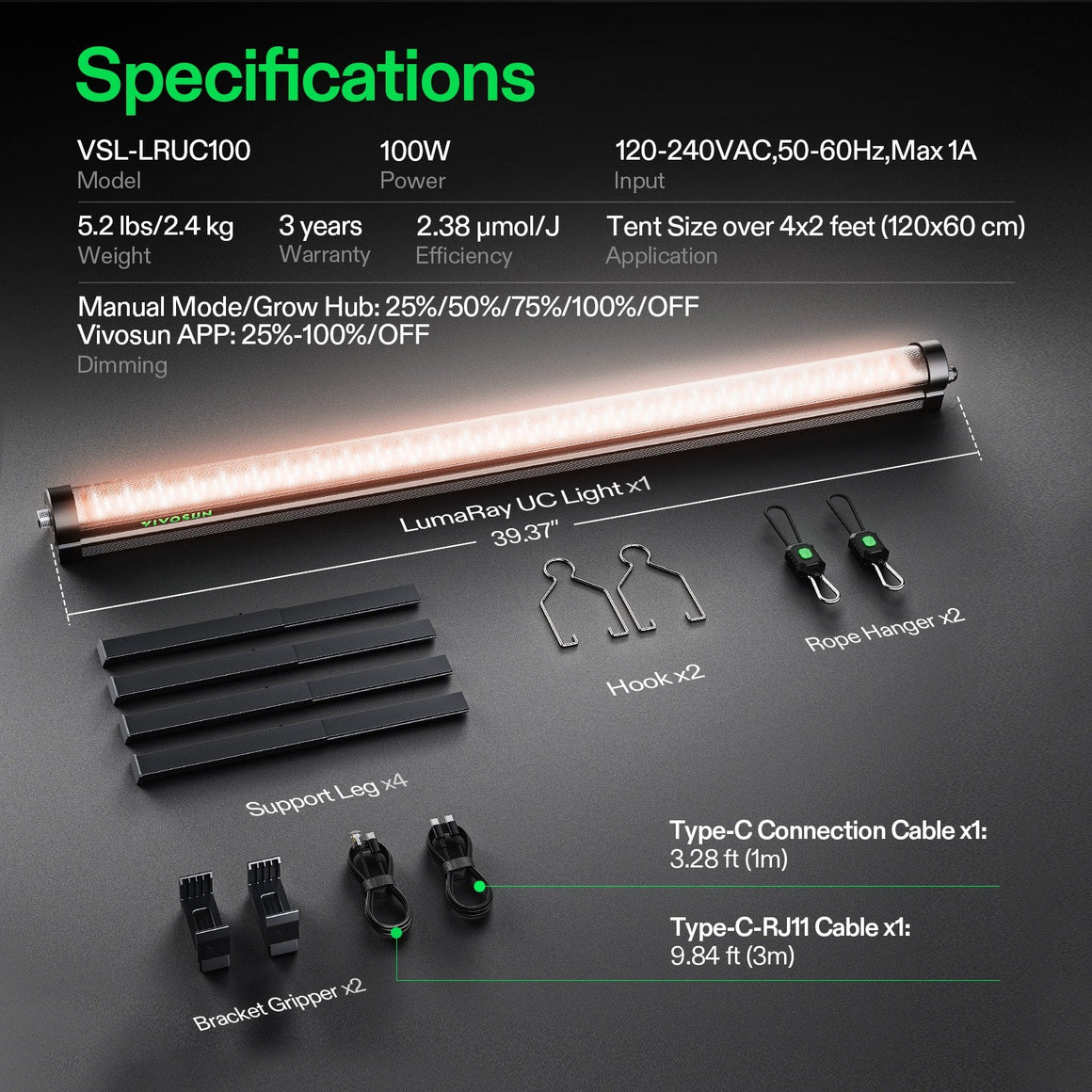 VIVOSUN LumaRay UC LED grow light specifications, showing the light, accessories, and cable dimensions.