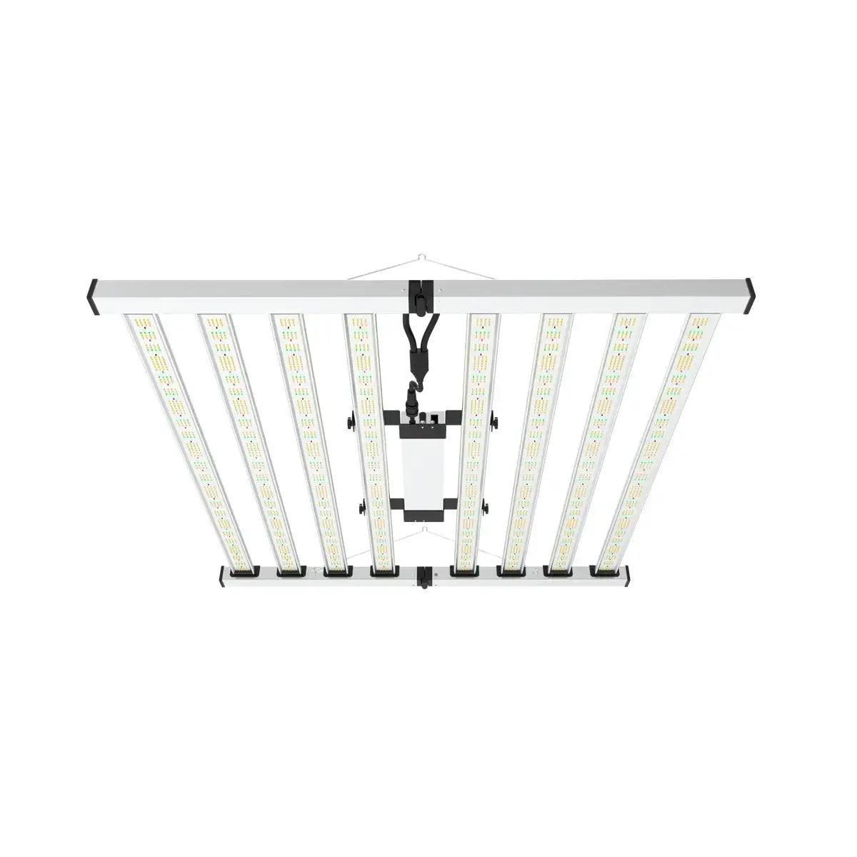 Modular 8-bar full-spectrum LED grow light, suspended, ideal for indoor plant cultivation.