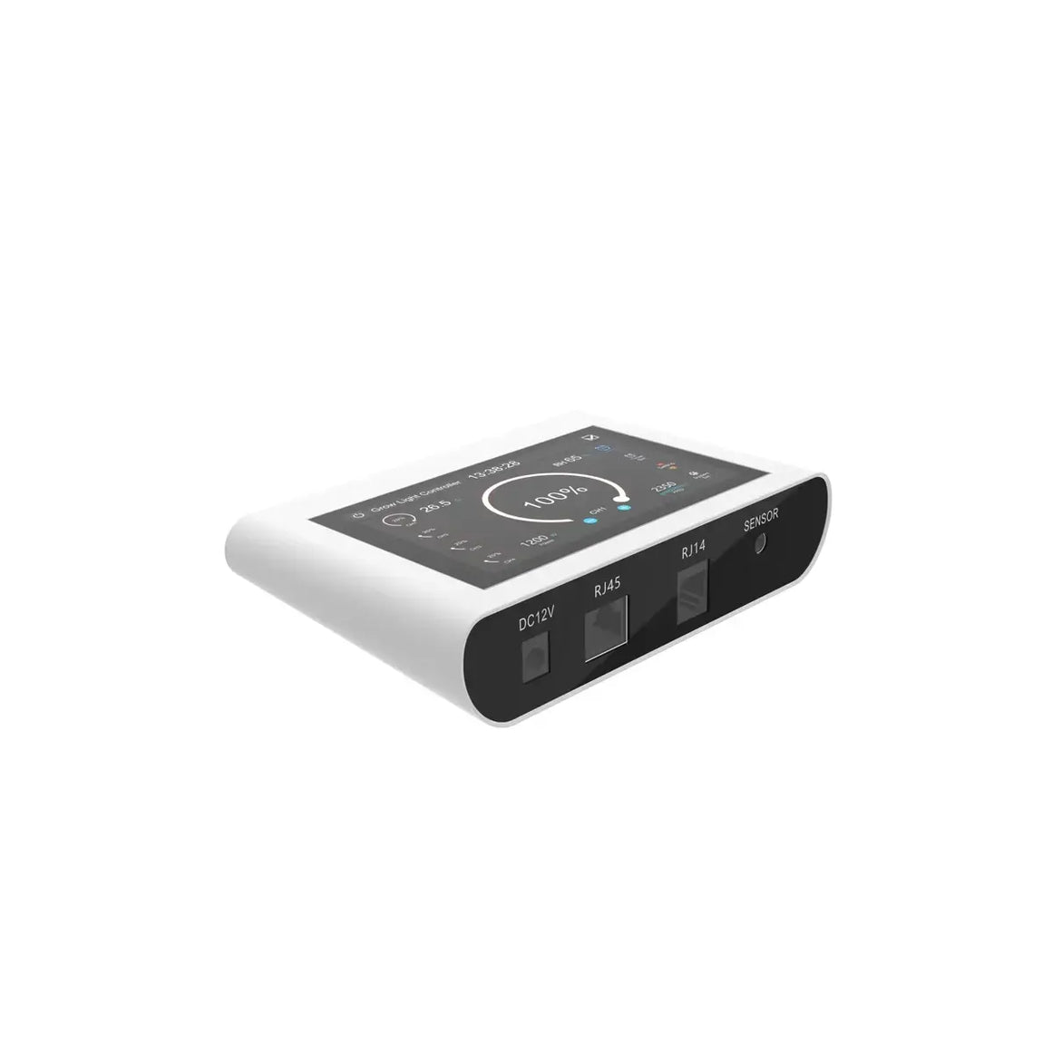 White & black Mammoth Lighting grow light controller with touchscreen display showing settings & ports: DC12V, RJ45, RJ14, SENSOR.