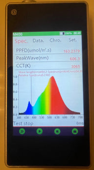 Spectrometer display: light spectrum graph, PPFD, Peak Wave, CCT.