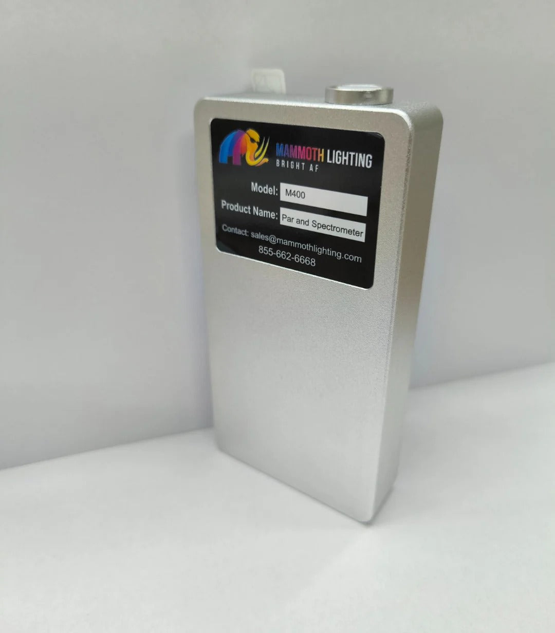 Mammoth Lighting M400 Par and Spectrometer device, silver, on white background.