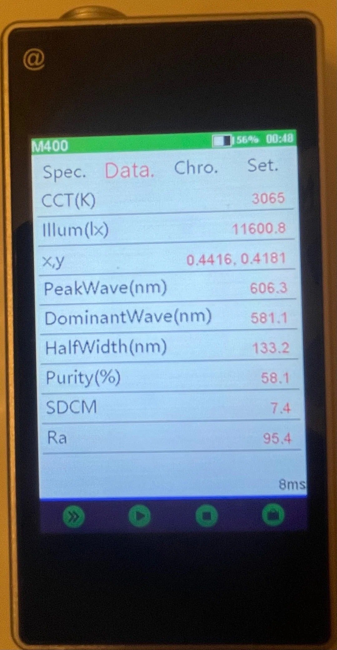 MammothLighting ParMeter: Display shows light data: CCT, Illum, x,y, PeakWave, DominantWave, HalfWidth, Purity, SDCM, Ra.