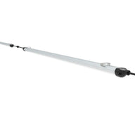 Long silver LED grow light bar with a black power connector and metal mounting clips on white.