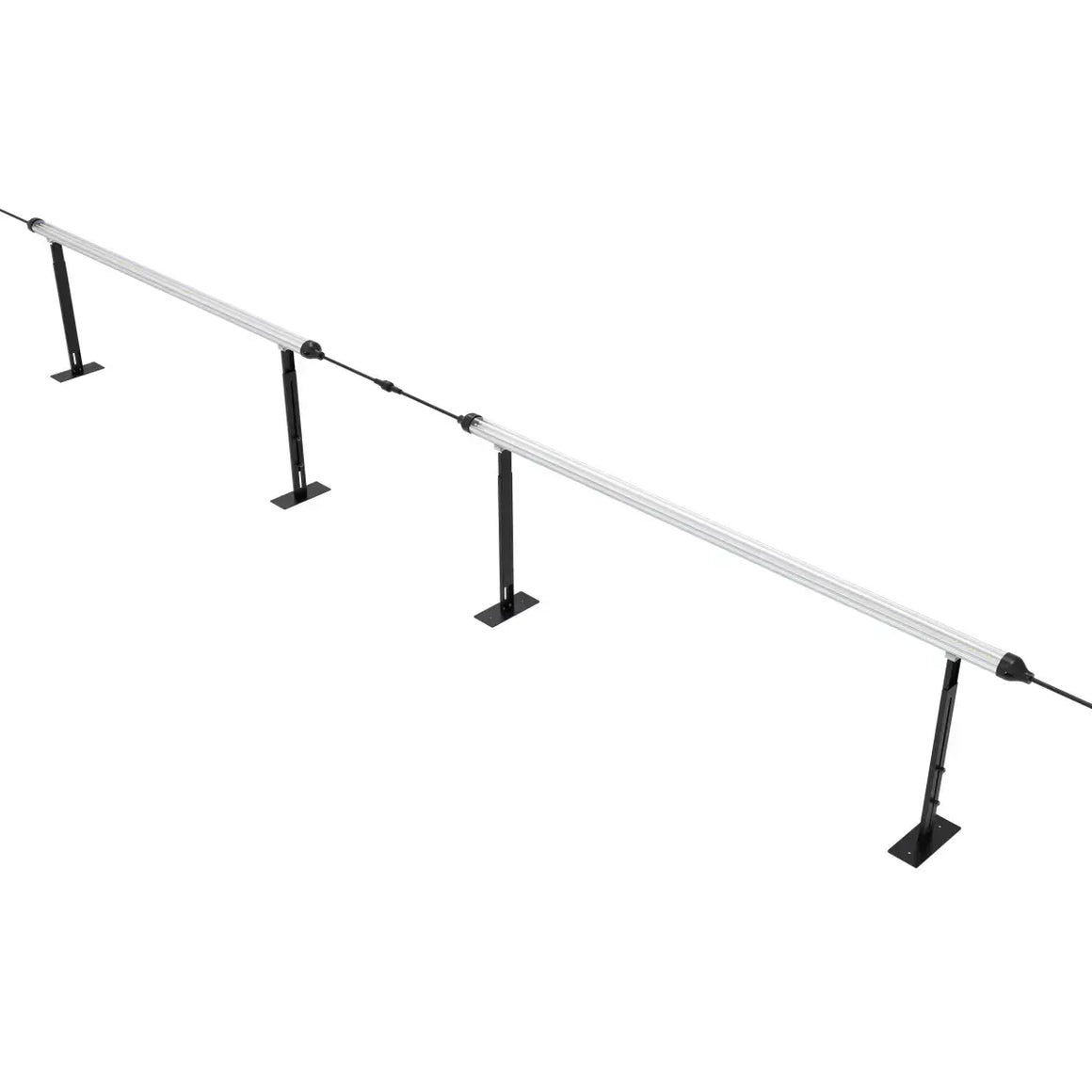 Three silver Mammoth Lighting LED bars on black stands, connected by cables. Sunspec Spectrum for clone/inter-canopy.