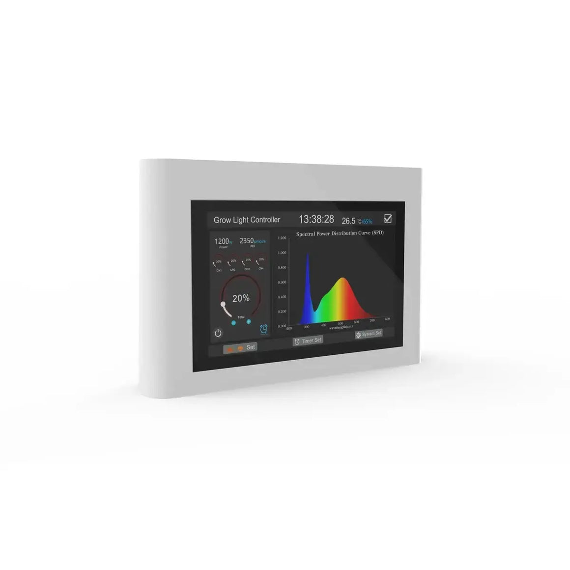 White grow light controller with black touchscreen displaying power, time, temp, humidity, and spectral power curve.
