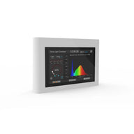 White grow light controller with black touchscreen displaying power, time, temp, humidity, and spectral power curve.