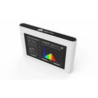Mammoth Lighting grow light controller with touchscreen showing SPD curve, time, temperature, humidity, and light intensity.