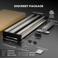 Mars Hydro FC-E1000W LED grow light, features, dimensions, and accessories shown in a discreet package.