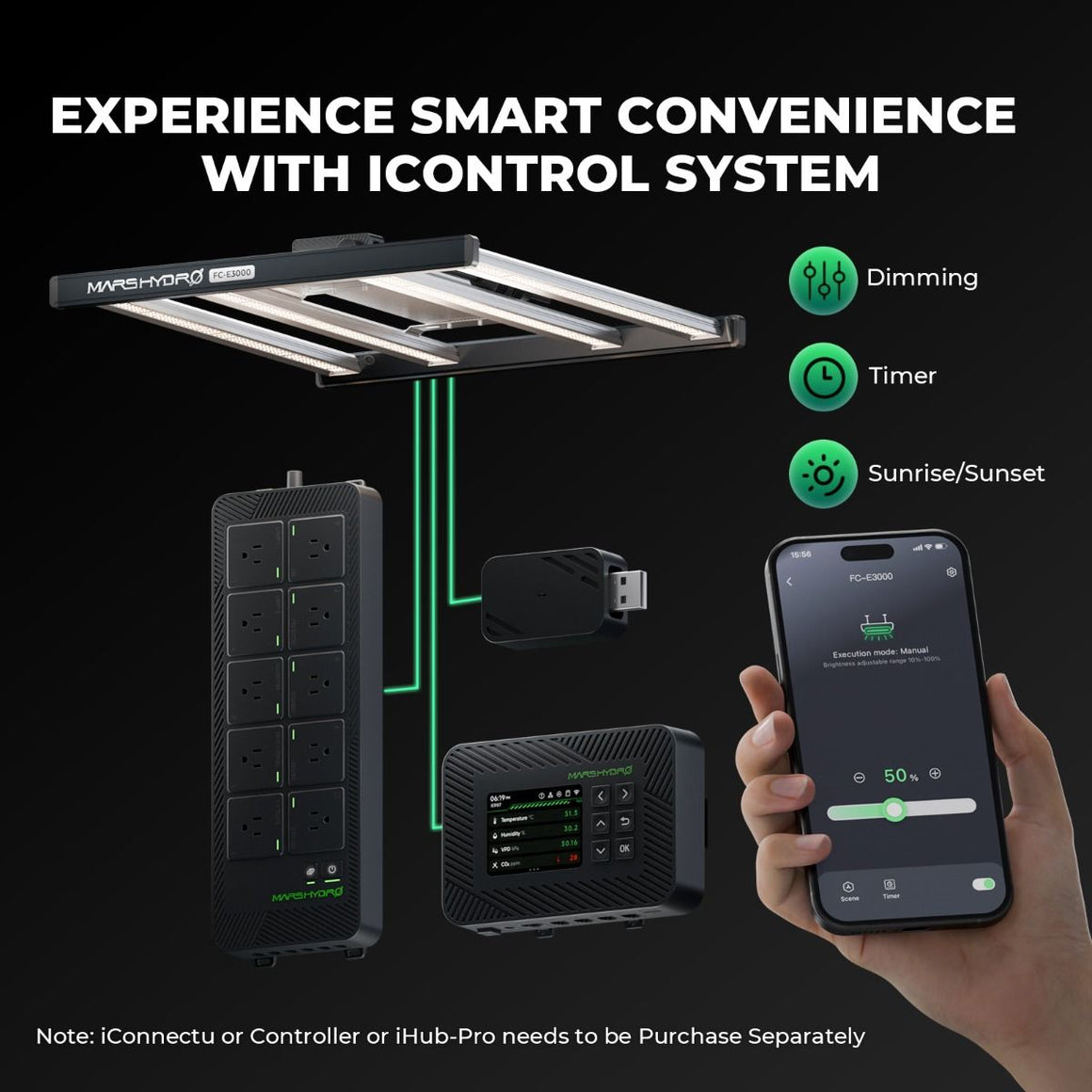 Mars Hydro FC-E3000 LED grow light system with iConnectu/iHub-Pro controller & mobile app for dimming, timer, sunrise/sunset.