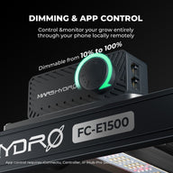 Mars Hydro FC-E1500 LED grow light: Dimmable 10-100%, app control. Close-up on control dial.