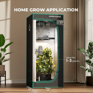 Mars Hydro FC-E1500 grow tent with plant, fan, light, and ventilation. Ideal for 1-3 plants.