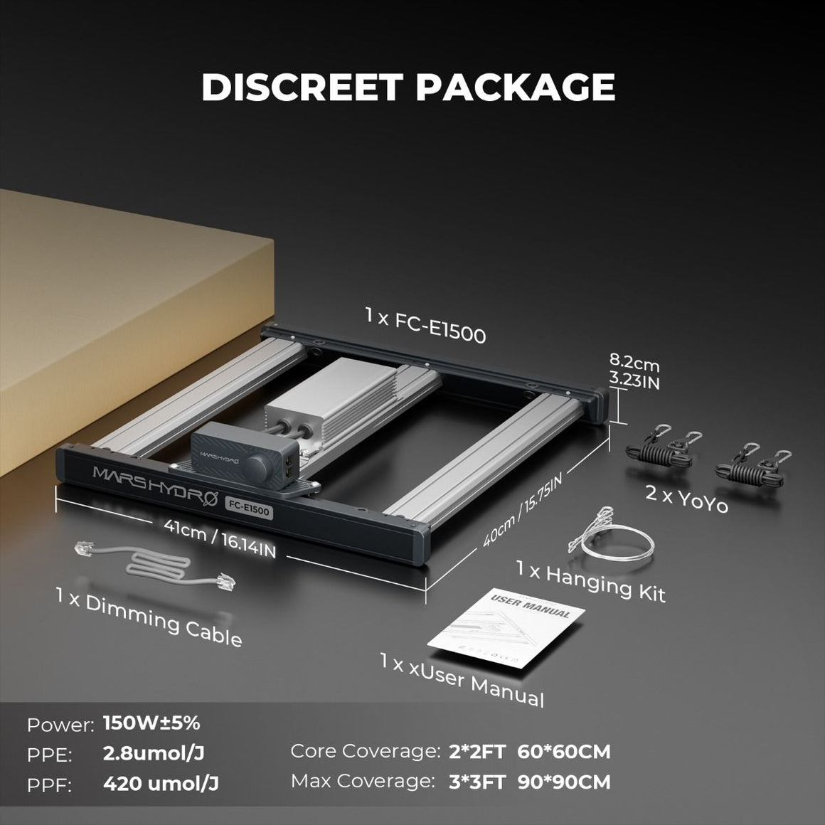 Mars Hydro FC-E1500 LED grow light, 150W, shown with accessories and dimensions.